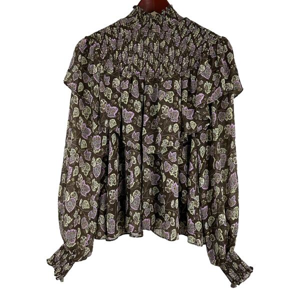 Cinq a Sept NWT Drew Georgette Floral Top Size M Smocked Bodice & Cuff Mock Neck - Picture 2 of 9